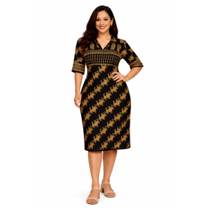 V-neckline Viscose Black and Gold Midi Dress